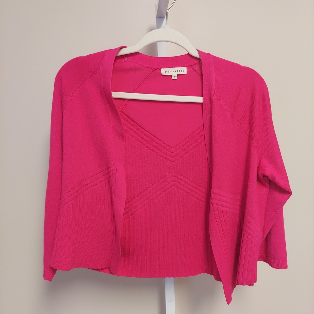 Womens Pink Ribbed Chevron Cropped Open Front Cardigan M Preppy Transitional